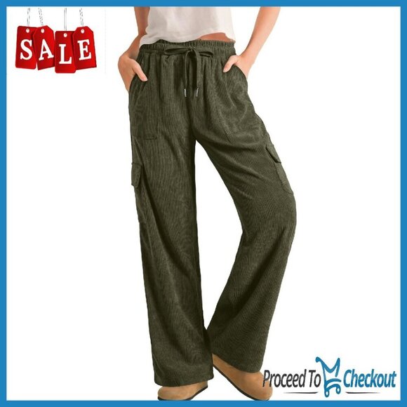 Pants - Corduroy Cargo Pants High Waist Wide Leg Loose Fit Drawstring